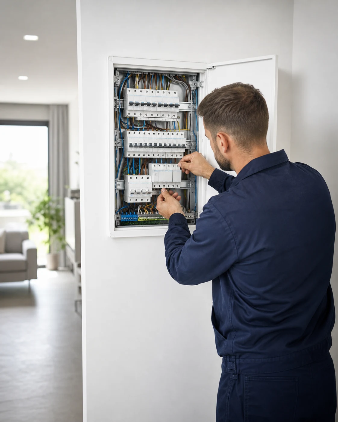 Electrician inspecting a residential electrical distribution board
