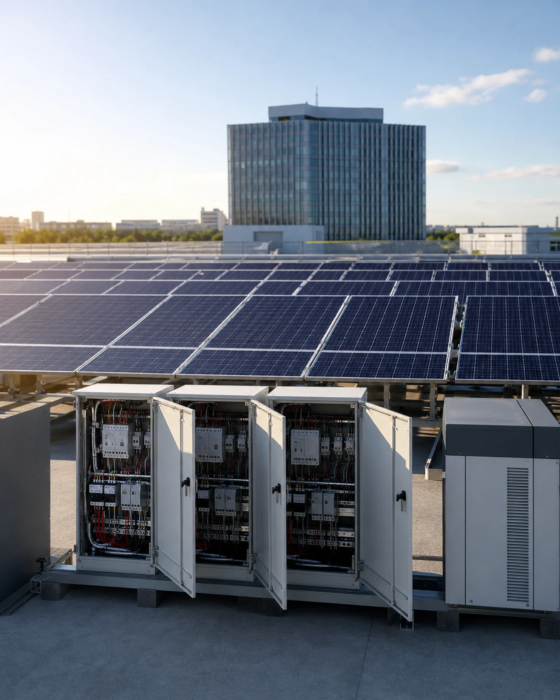 Solar photovoltaic panels and protection cabinets on a commercial rooftop