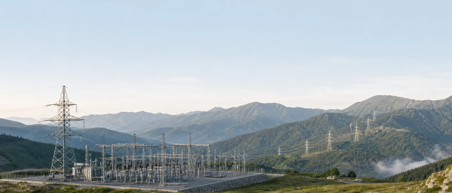 Mountain electrical substation connected by high-voltage transmission lines