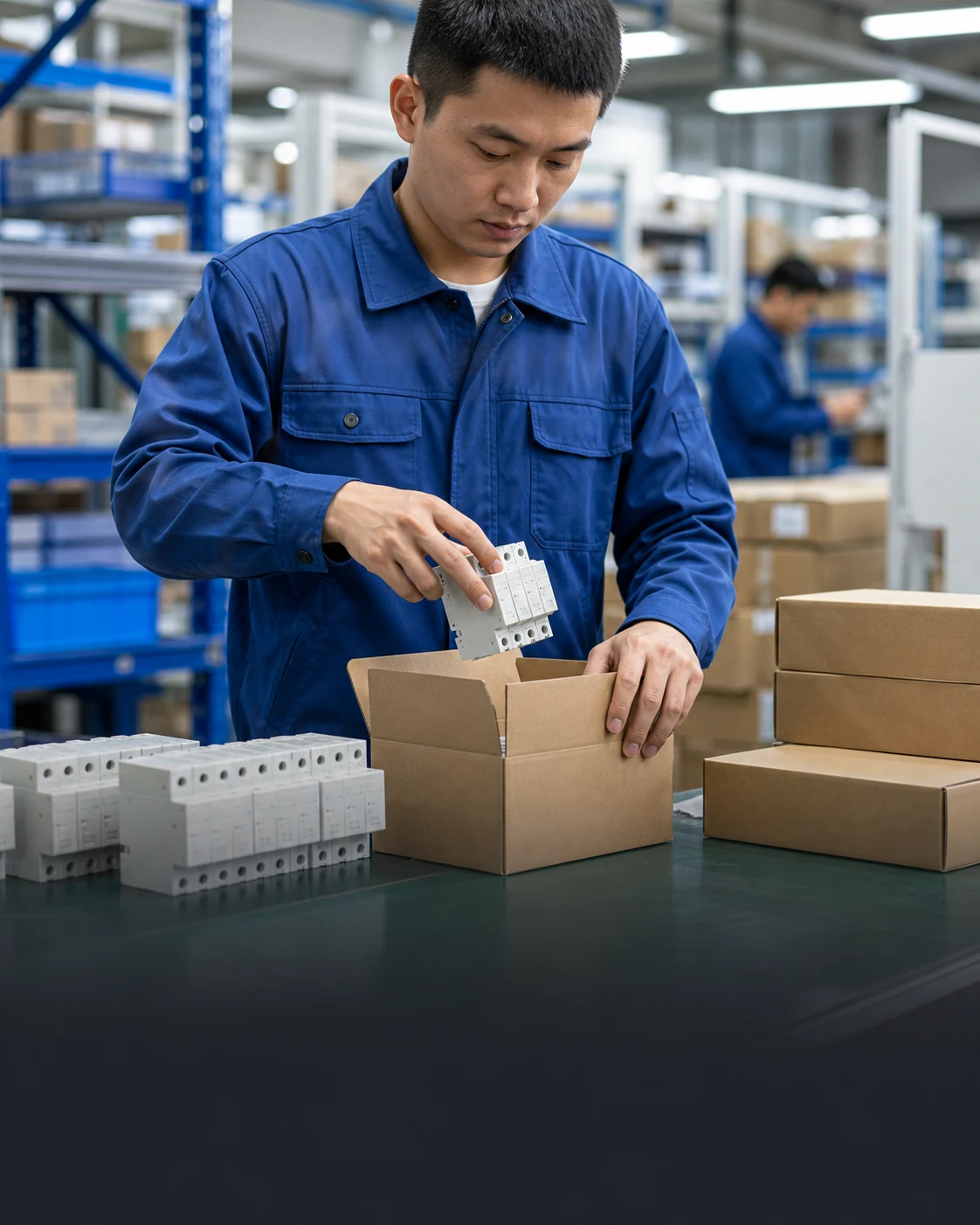 Factory worker packing surge protective devices for delivery