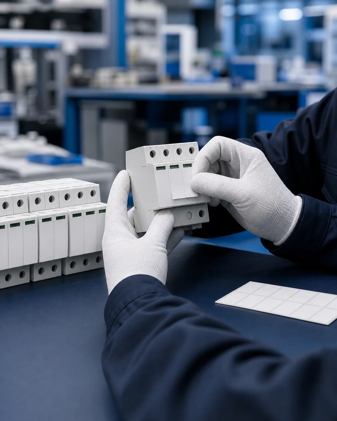 Technician preparing unbranded surge protective devices for private label branding