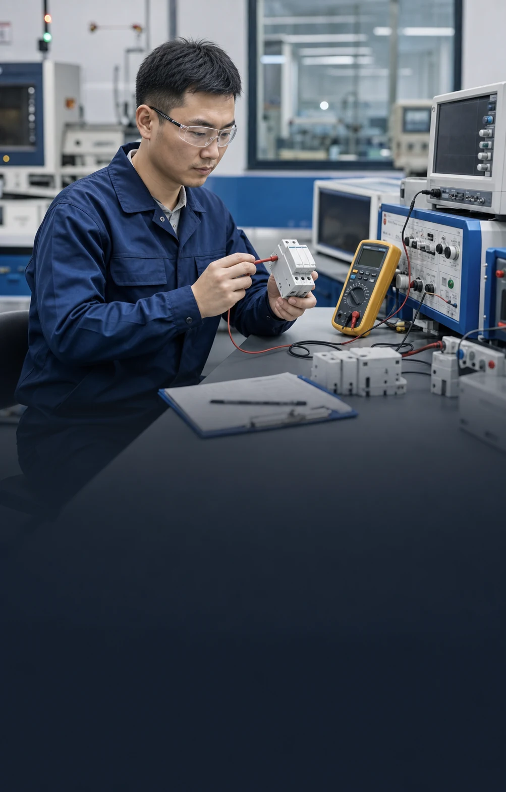 Quality technician validating surge protective devices in an electrical laboratory