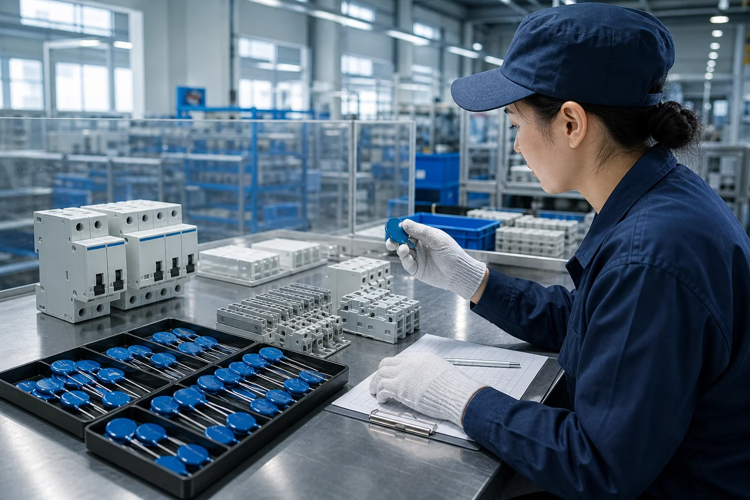 Single-pole surge protective device module inspected at incoming material stage