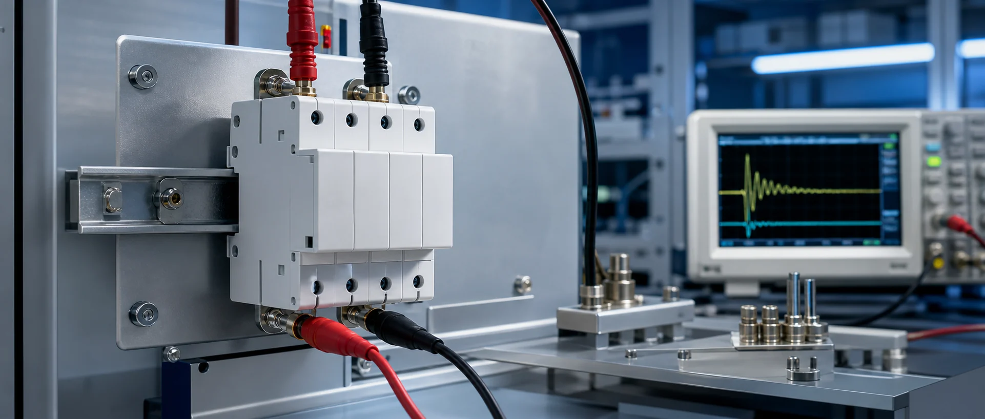 Surge protective device connected to a calibrated discharge current verification rig