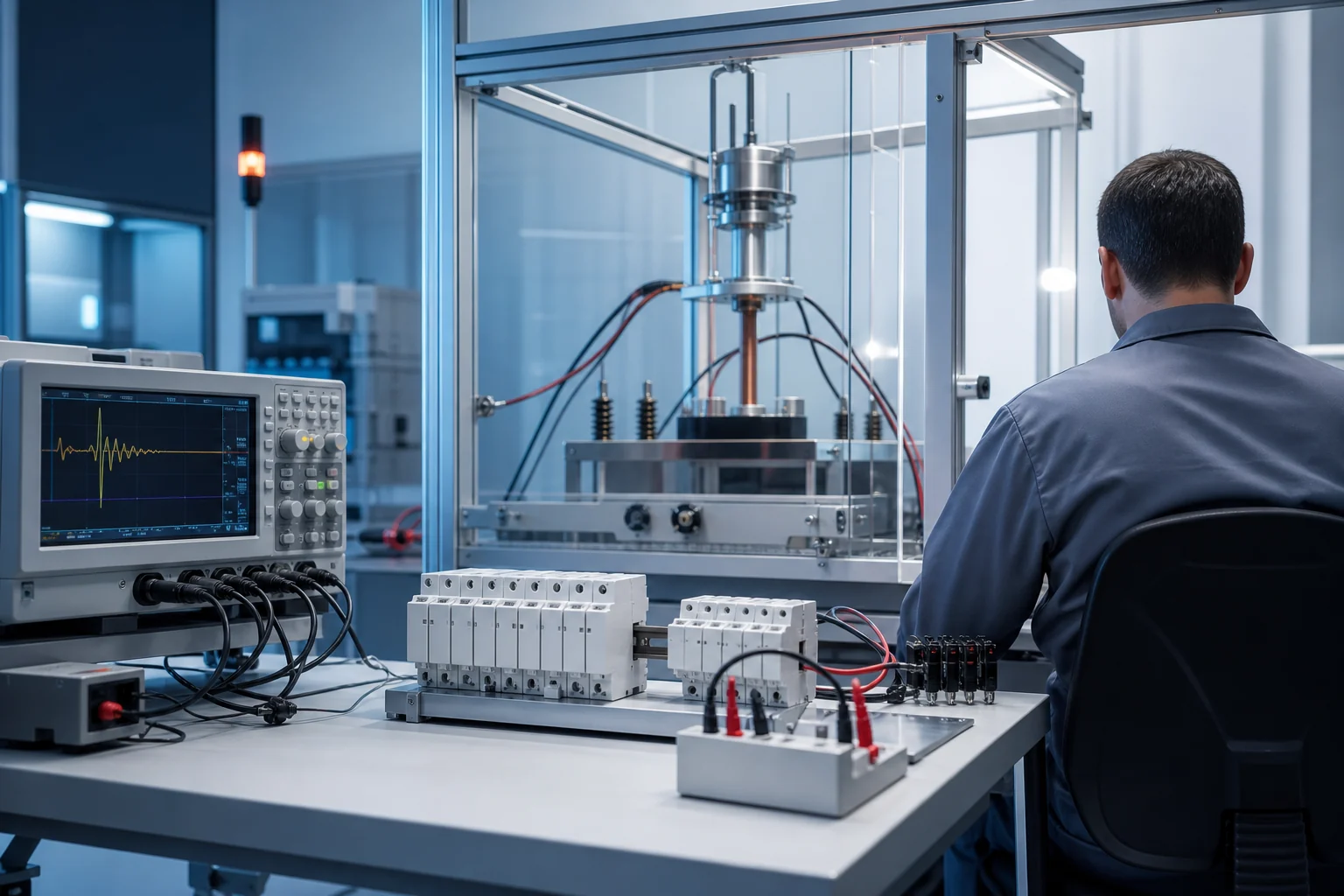 Engineer monitoring a surge protection test bench in a controlled laboratory