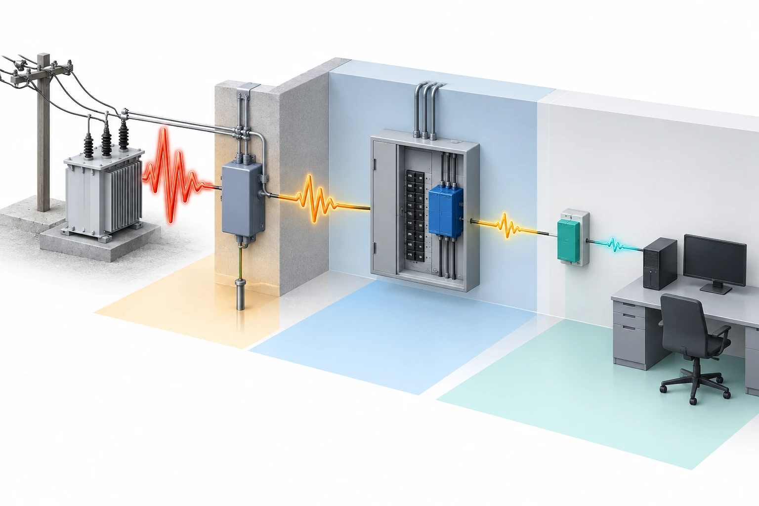 Conceptual layered surge protection from service entrance to sensitive equipment