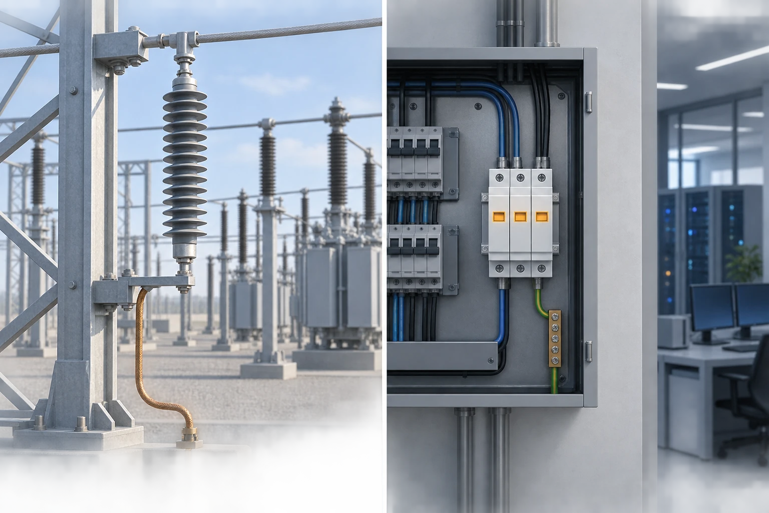 Conceptual comparison of a power-system surge arrester and a low-voltage panel SPD