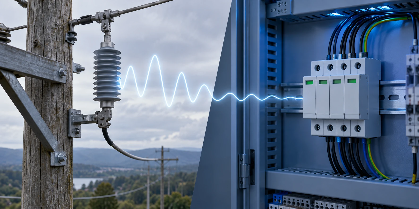 Utility surge arrester beside a low-voltage surge protective device in an electrical cabinet