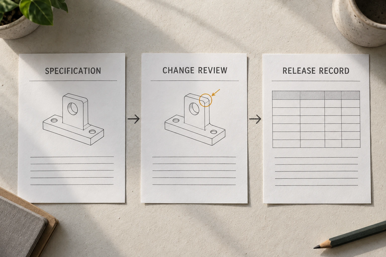 Three document cards distinguish specification, change review and release record