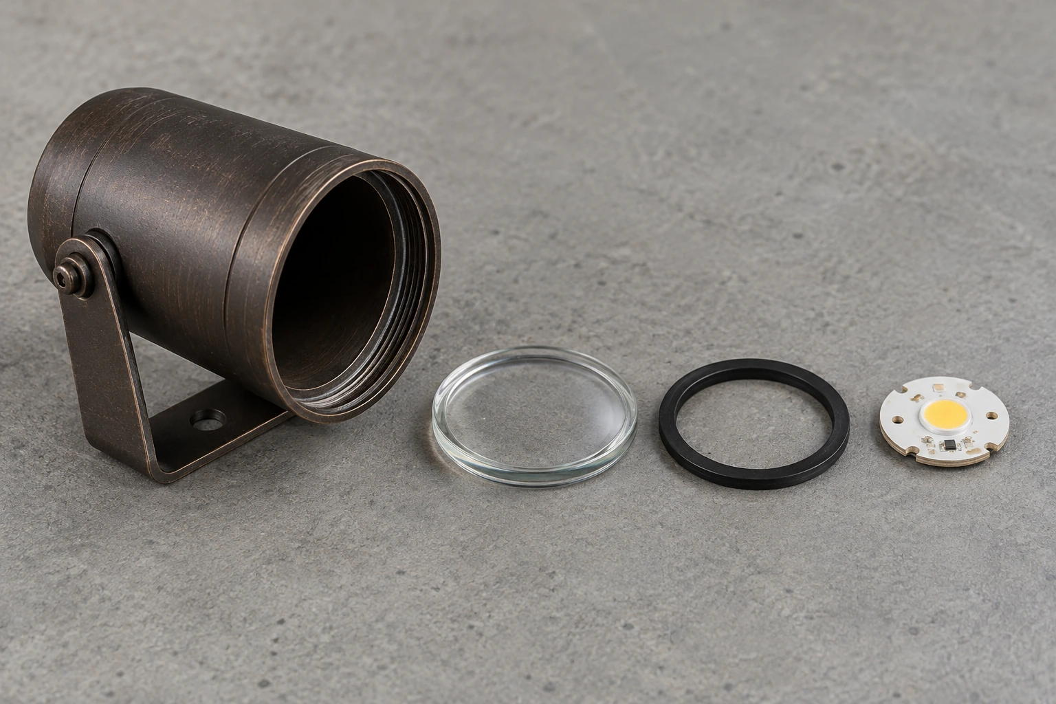 Generic outdoor spotlight housing, lens, gasket and LED module shown separately