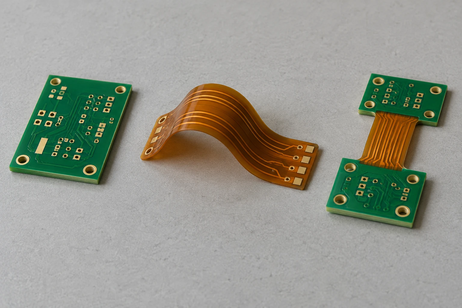 Generic rigid PCB, flexible circuit and rigid-flex sample resting side by side