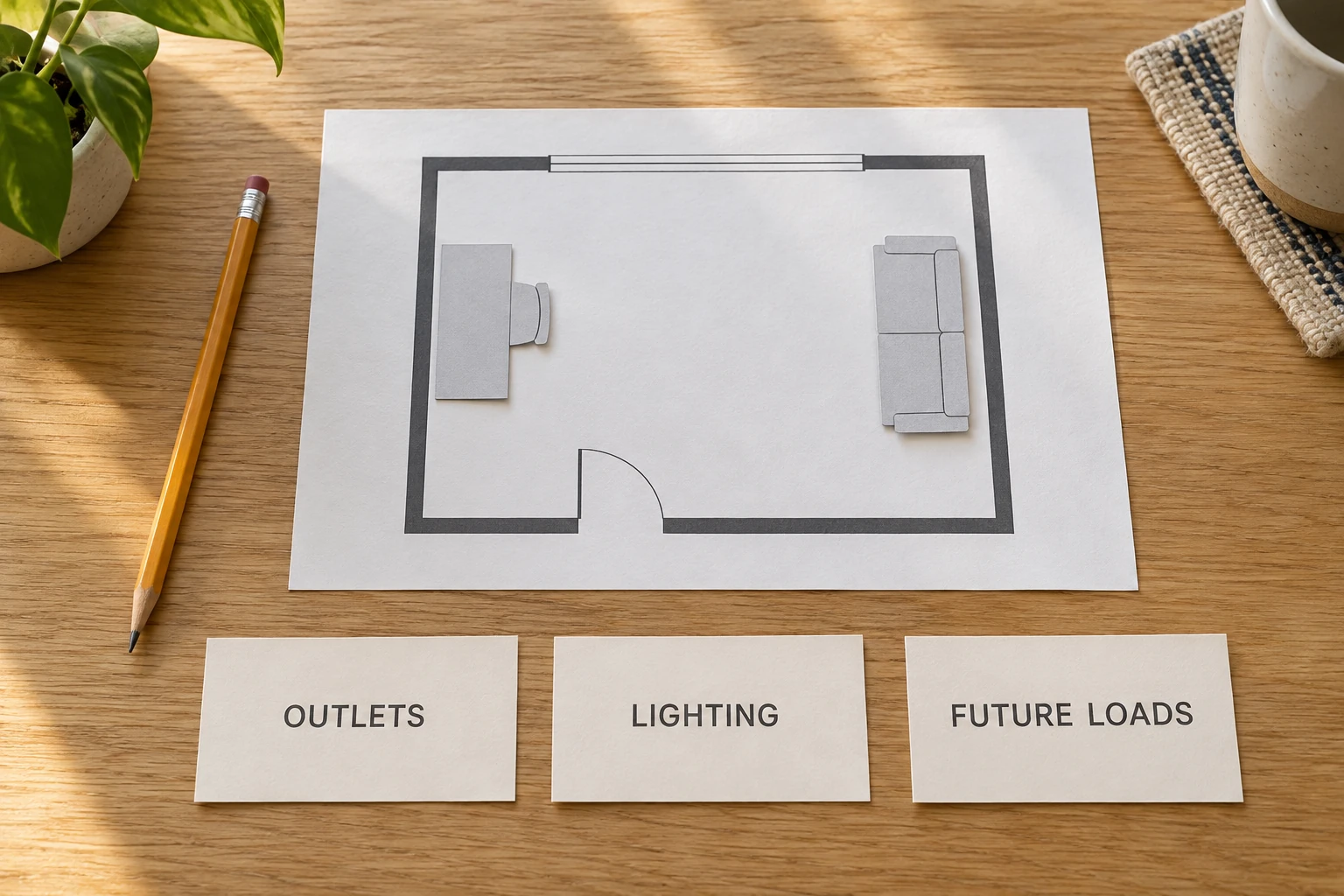 Room planning sheet, furniture markers and cards for outlets, lighting and future loads