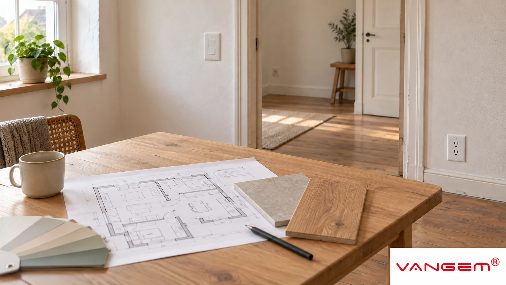 Illustrative home renovation planning room with floor plans and the official publisher logo